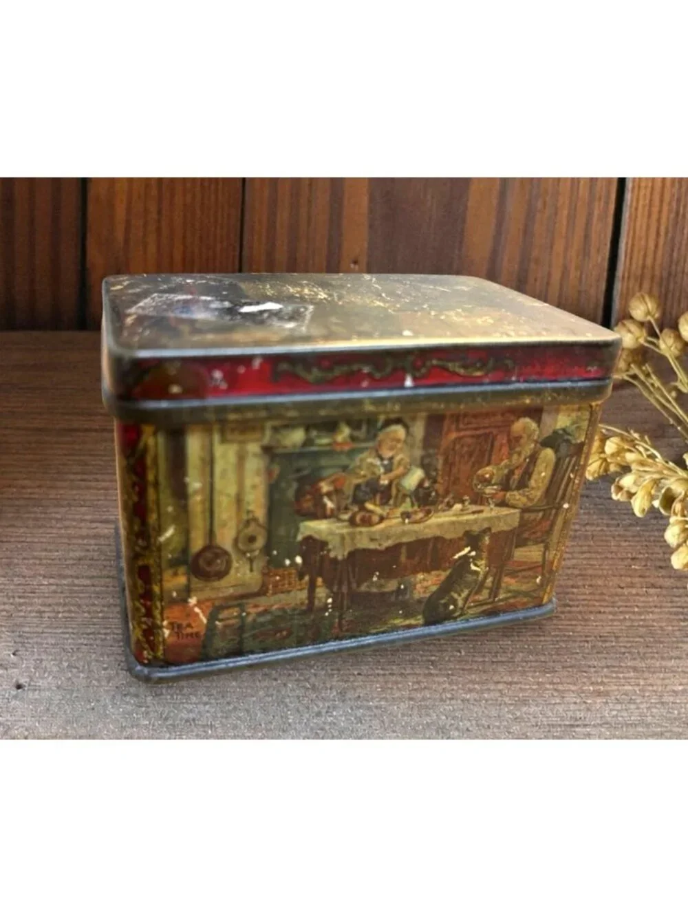 Antique English Cottage Tea Tin | Pride of Odessa Brand | Storybook Tea Scene |